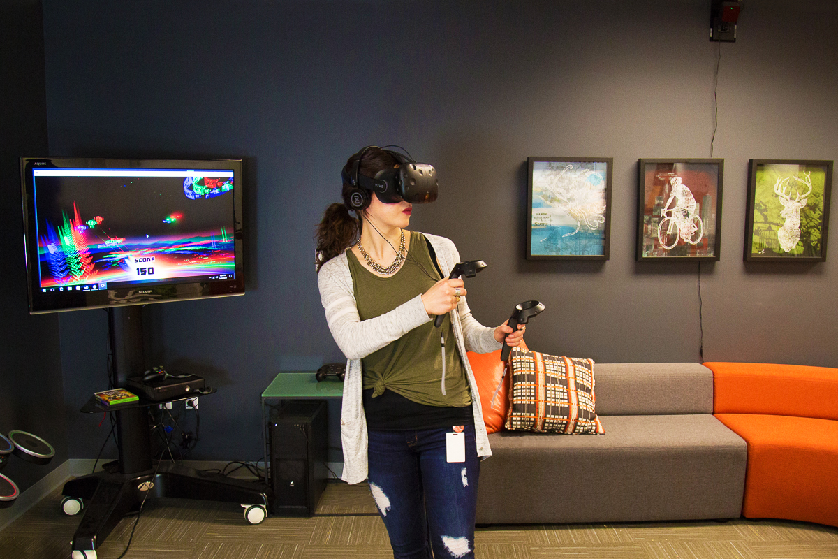 Testing out the HTC Vive Virtual Reality system in the Seattle Synapse Product Development office. Synapse helped developed this VR Tracking System with Valve Software.