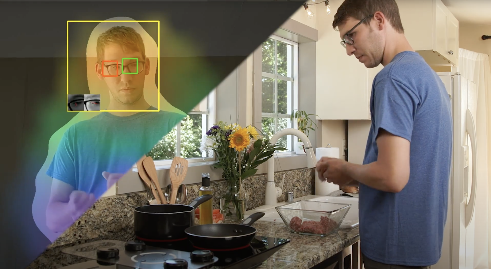Right side of image shows a person cooking on the Hobgoblin cooktop; left shows the Hobgoblin gaze tracking system finding the person’s eyes and using the neural network-based computer vision algorithms to determine gaze direction and triangulate which burner is being looked at.