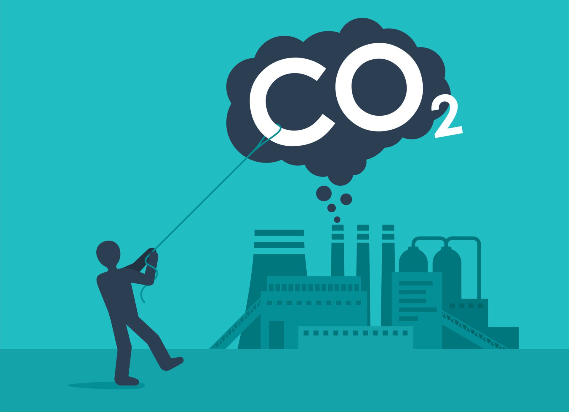 Person capturing carbon dioxide with a lasso as it comes out of a factory.