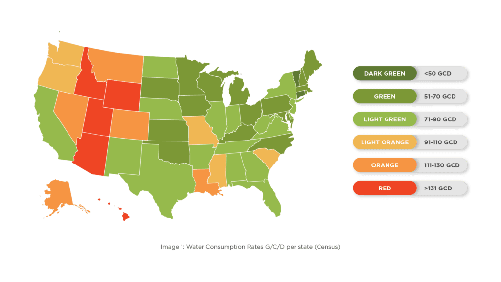 A map of the United Staes showing water consumption rates (G/C/D) per state from